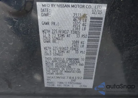 2016 Nissan Rogue Sv z USA, uszkodzony, nr VIN 5N1AT2MV5GC784192